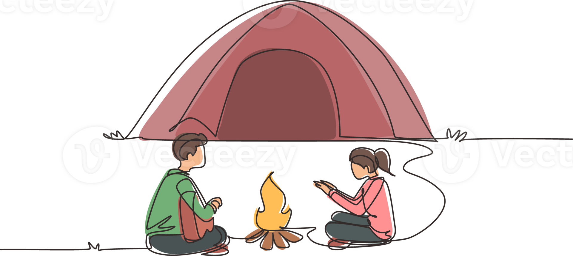 Single one line drawing couple camping around campfire tents. Man woman warm their hands near bonfire, man playing guitar. Nature exploration trip. Continuous line draw design illustration png