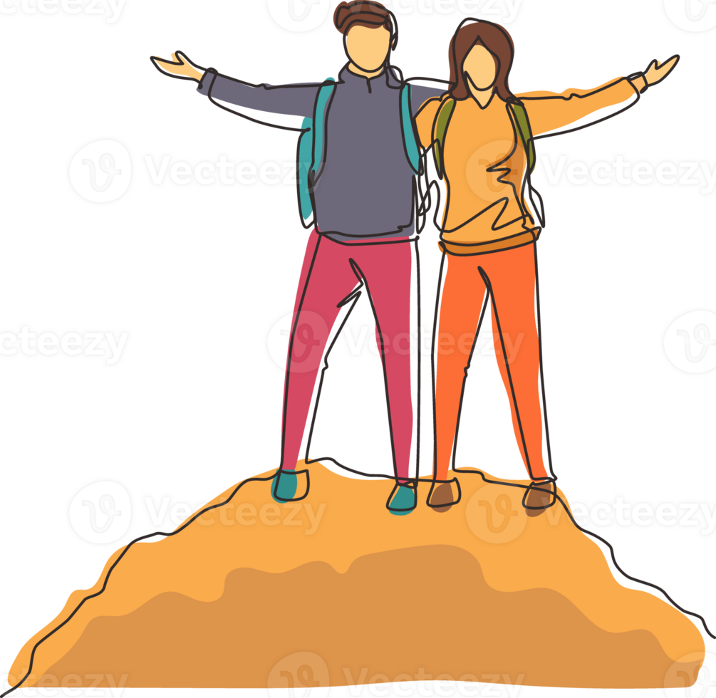 Single continuous line drawing climber man woman stands with arms outstretched on top of mountains. Couple raised they hands up in joy. Achieving success. One line draw design illustration png
