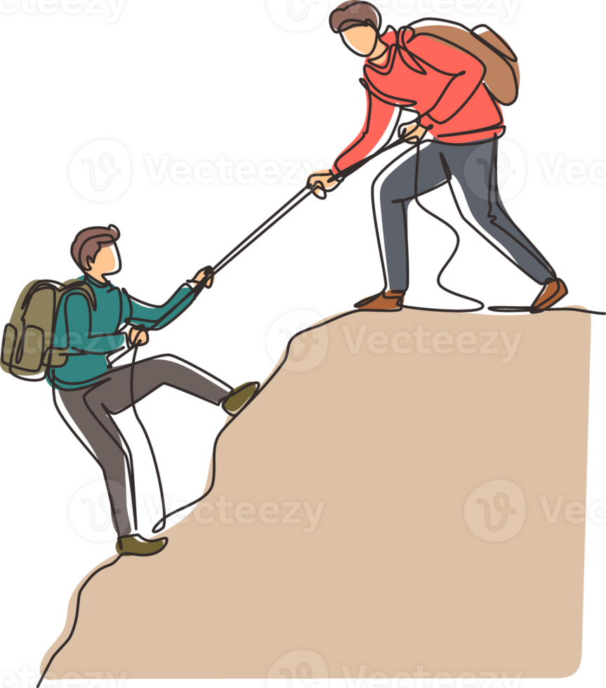 Single continuous line drawing two man hikers climbing up mountain and helping to each other with rope. Business, success, achievement and goal concept. One line draw design illustration png