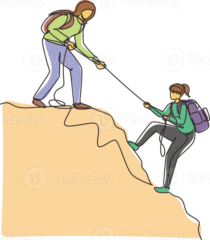Single continuous line drawing two women hikers climbing up mountain and helping to each other with rope. Business, leadership, achievement and goal concept. One line draw design illustration png