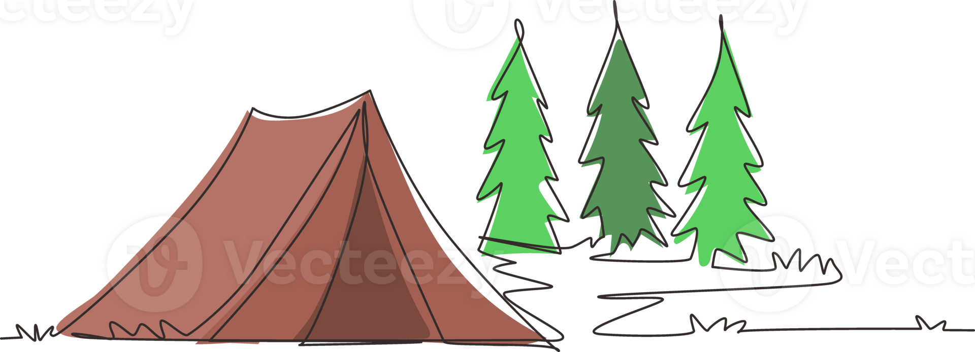 Single one line drawing tourist tent in pine forest, mountains on cloudy sky. Summer camping. Natural outdoor activities. Tent and fire camp. Continuous line draw design graphic illustration png