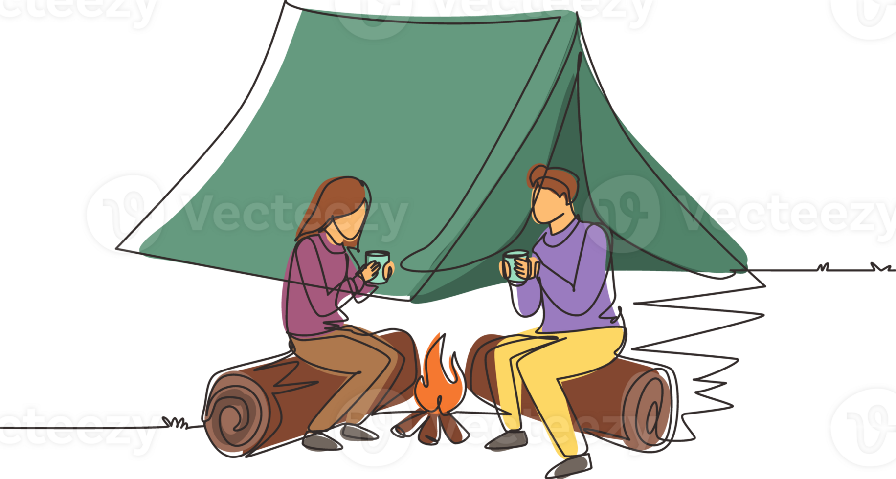 Single one line drawing couple near bonfire, romantic date out of town, camping. Man and woman getting warm near campfire and drinking tea sitting on logs in forest. Continuous line draw design png