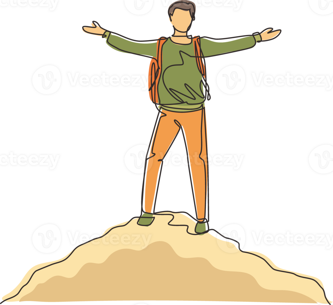 Single one line drawing successful climber man stands with arms outstretched on top of mountains. Male raised his hands up in joy. Achieving success. Guy power. Continuous line draw design png