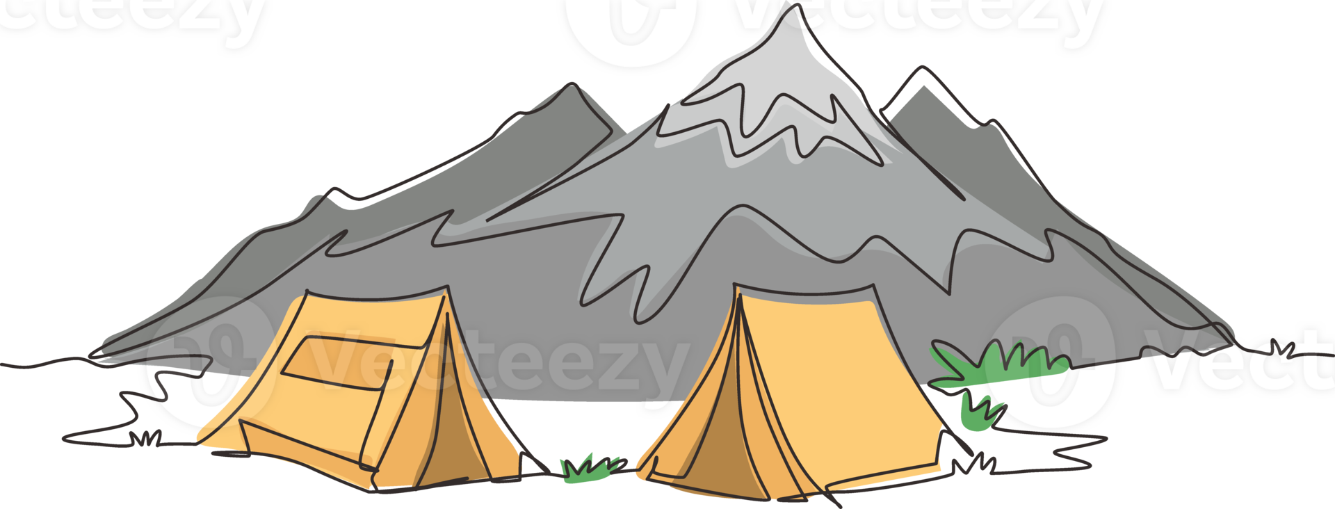 kontinuierlich einer Linie Zeichnung zwei Zelte im Abenteuer Camping Nacht Landschaft. Zelt Wohnmobil Tourist Wald Berg Expedition. Reise und Ferien Konzept. Single Linie zeichnen Design Illustration png