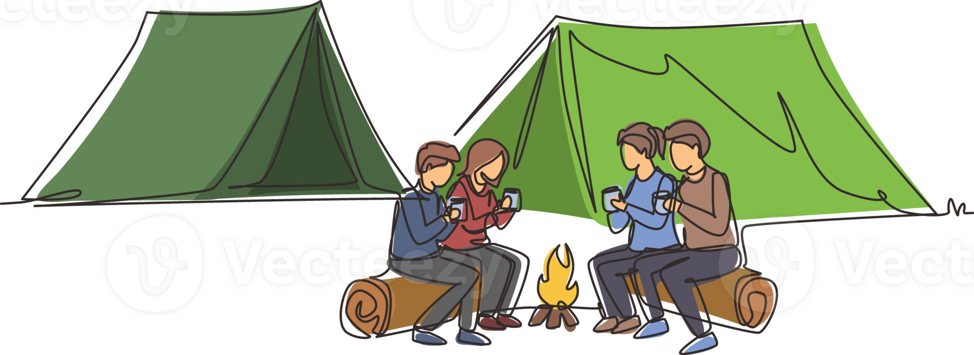 Single continuous line drawing happy two pair man and woman getting warm near campfire. Group of people camping drinking tea sitting on logs in forest. One line draw graphic design illustration png