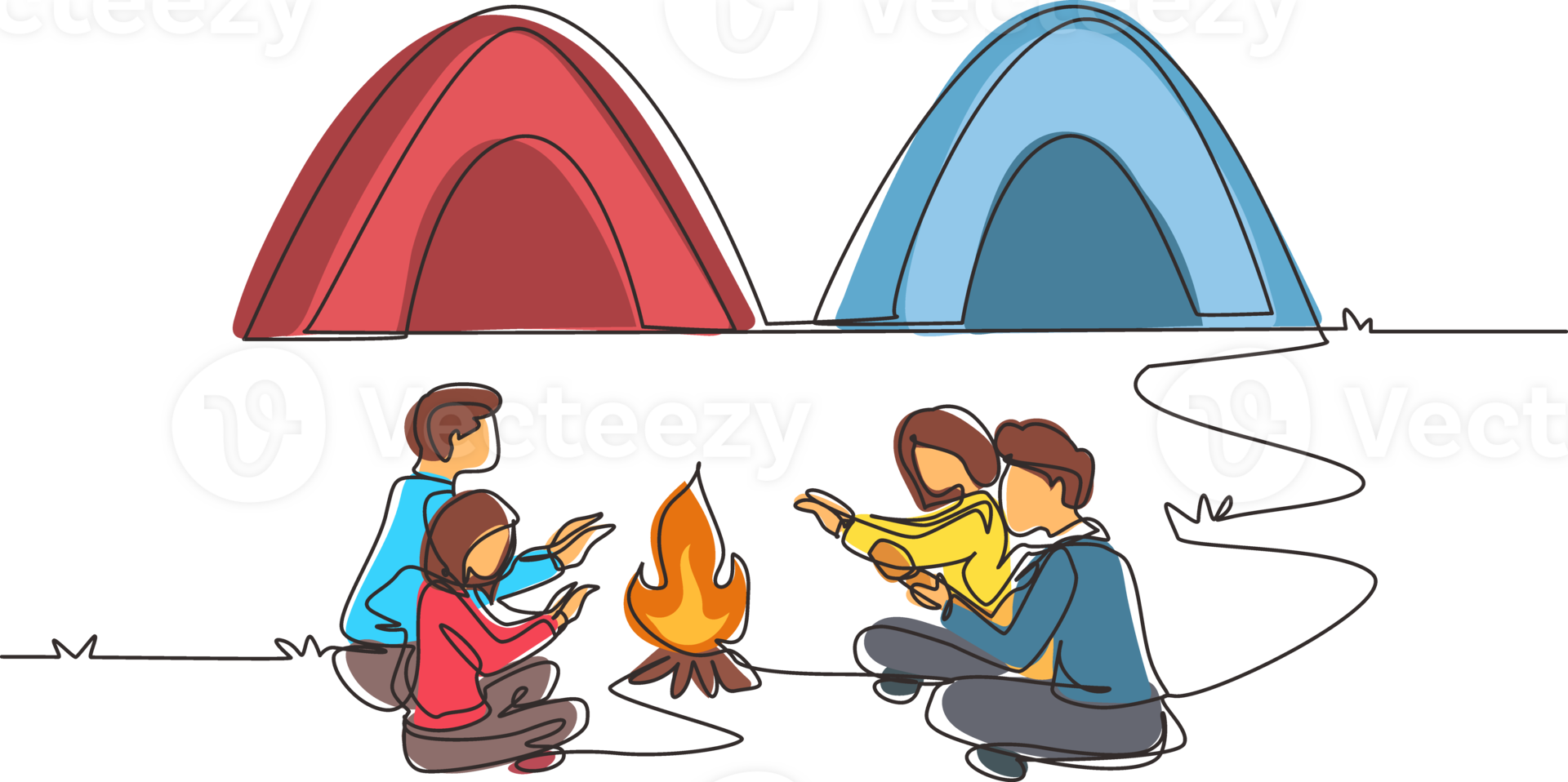 Continuous one line drawing two couple camping around campfire tents. Group of hikers warm their hands near bonfire sitting on ground, man playing guitar. Single line draw design illustration png