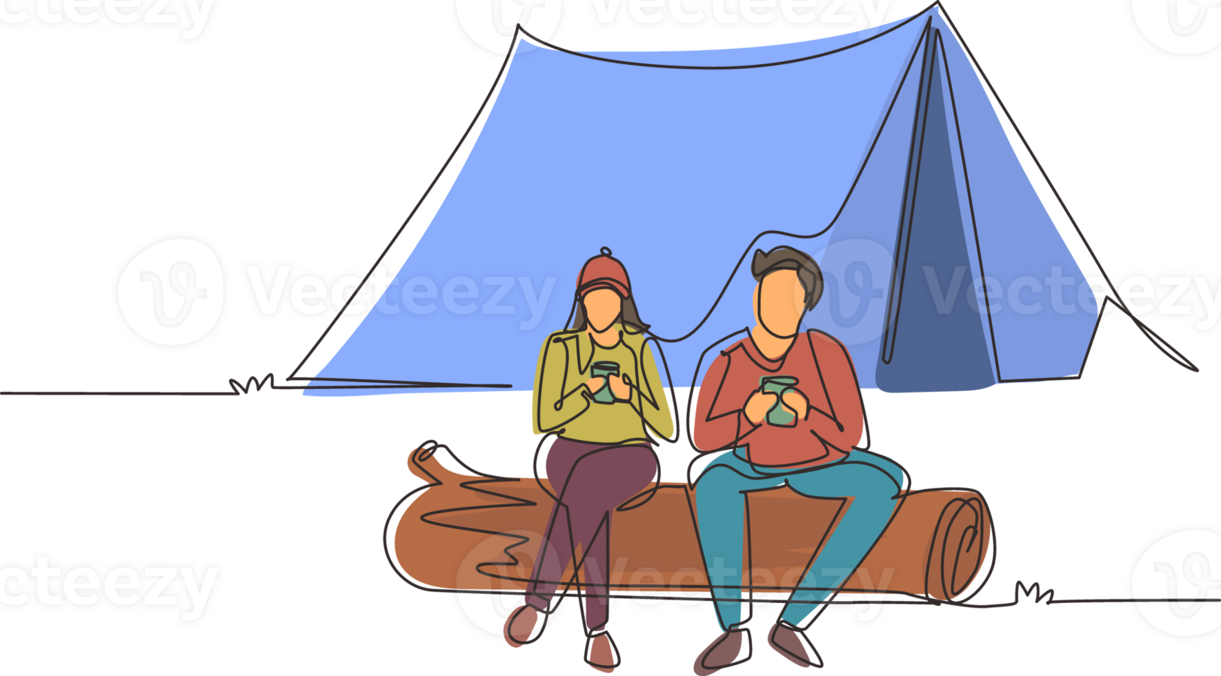 Single continuous line drawing couple sit on log near bonfire, active recreation, romantic date camping. Man woman drink hot coffee getting warm near campfire. One line draw design illustration png