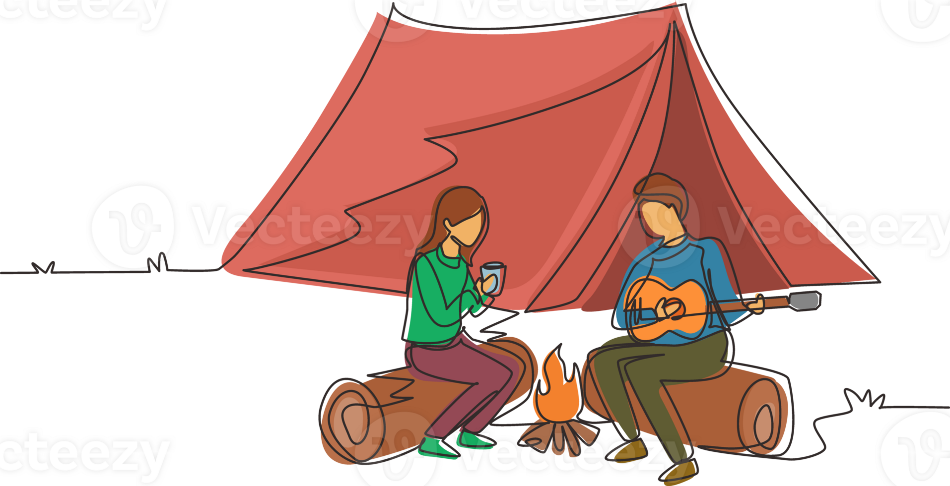 Single continuous line drawing man woman getting warm near campfire. Girl drinking tea and guy playing guitar, sitting on logs. Couple near bonfire, romantic date camping. One line draw design png