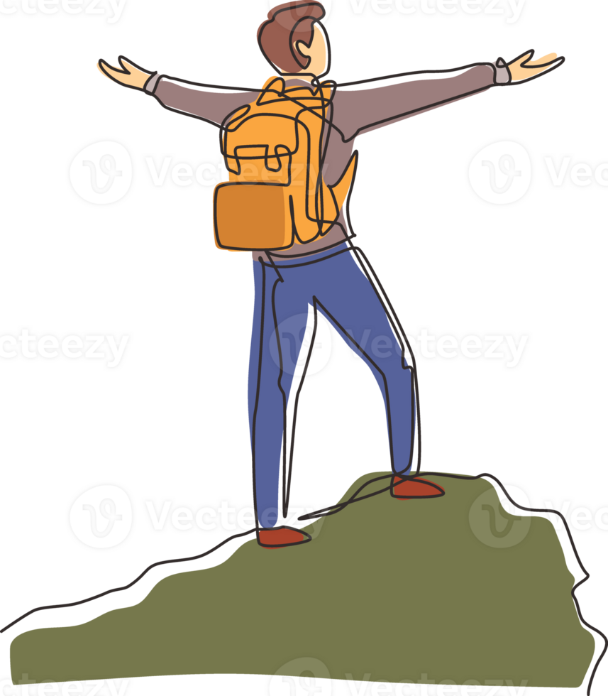 Single continuous line drawing climber man stands with arms outstretched on top of mountain. Winner motivational concept. Tourist with backpack. Traveler in summer rocks. One line draw design png