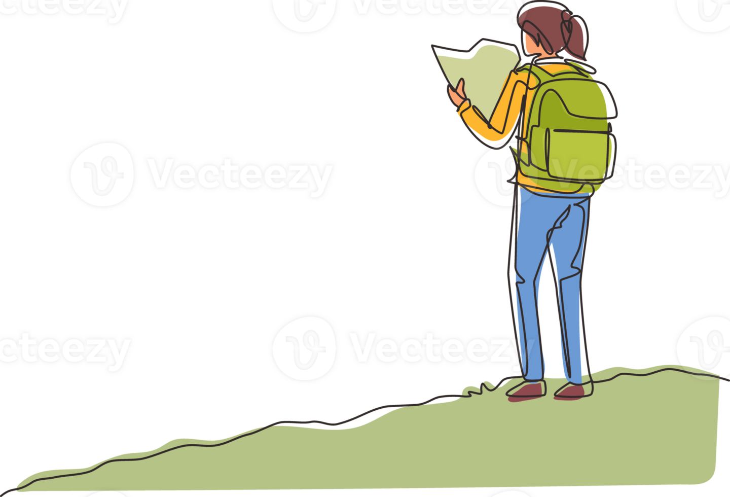 continuo uno línea dibujo mujer caminante con mochila y mapa excursionismo en montaña o bosque y explorador naturaleza. activo al aire libre de viaje. turismo concepto. soltero línea dibujar diseño ilustración png