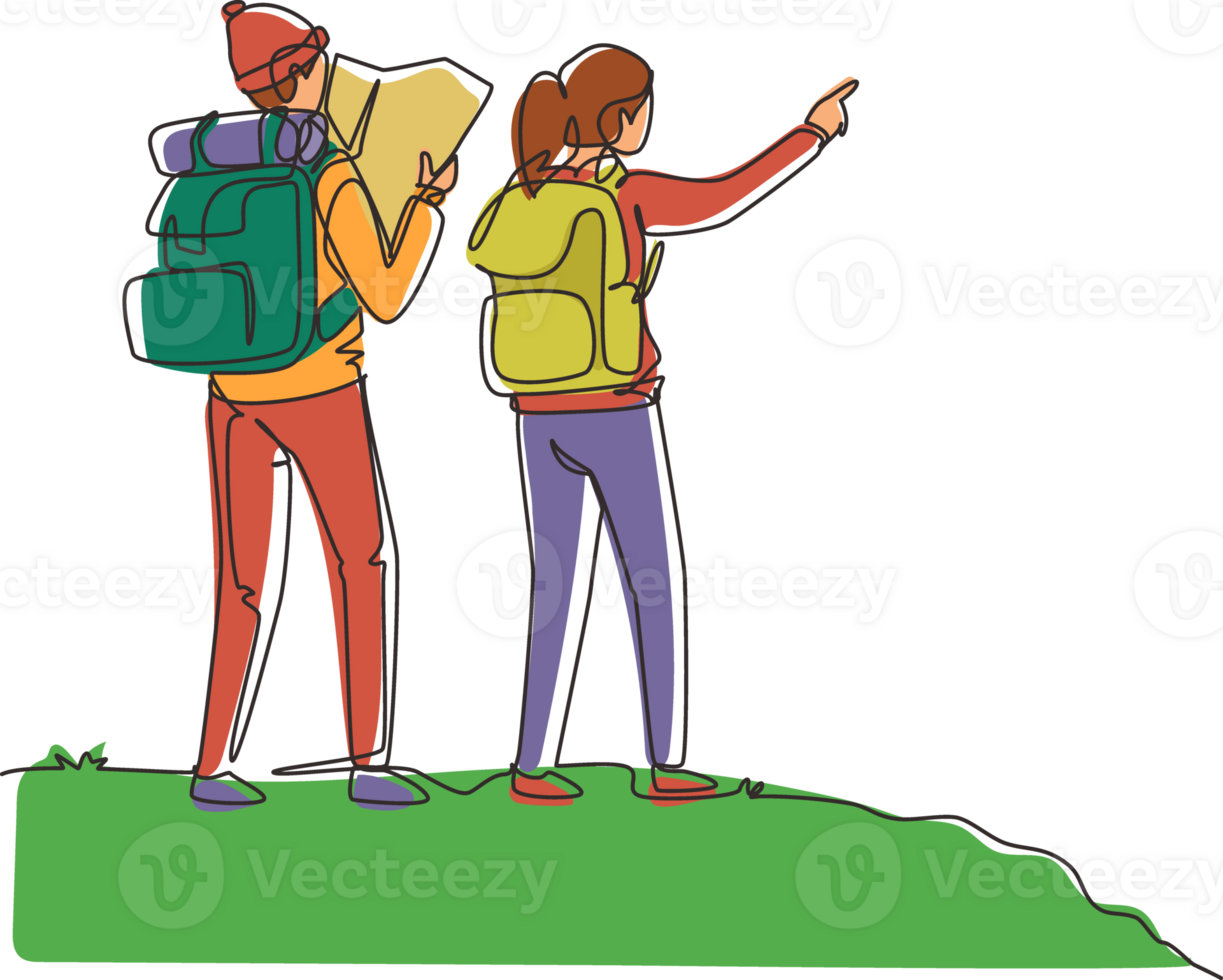 single een lijn tekening glimlachen paar planning de route en op zoek Bij de kaart. reis, vakantie, vakantie en avontuur. berg landschap. doorlopend lijn trek ontwerp grafisch illustratie png