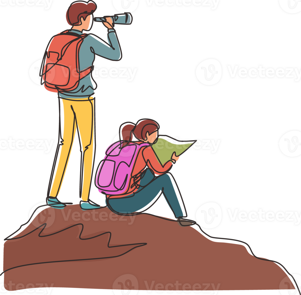 Continuous one line drawing couple hikers man woman with backpacks, binocular, and hiking gear reading route map. Looking for direction, checking location. Single line draw design illustration png