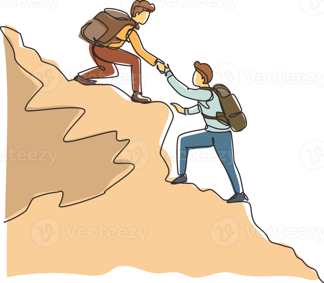 Célibataire un ligne dessin deux Hommes promeneur portion chaque autre sur Haut de Montagne. travail en équipe randonnée Aidez-moi chaque autre confiance assistance. objectif concept. continu ligne dessiner conception graphique illustration png