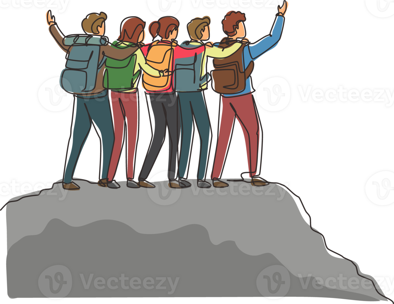 Single continuous line drawing friend group of hikers hugging together for successful reaching top of mountain. Success, achievement and goal concept. One line draw graphic design illustration png