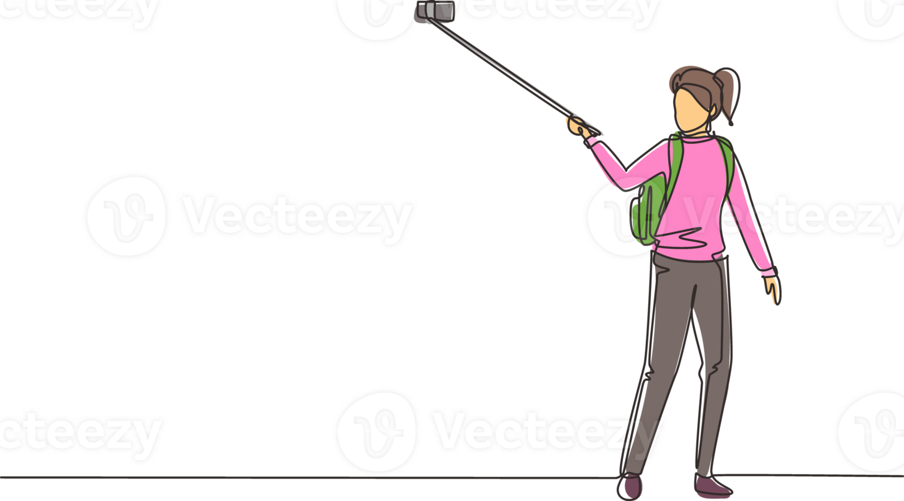 Continuous one line drawing woman with backpack on shoulders. Young girl making photo using selfie stick and smartphone. Summer activity at nature. Single line draw design graphic illustration png
