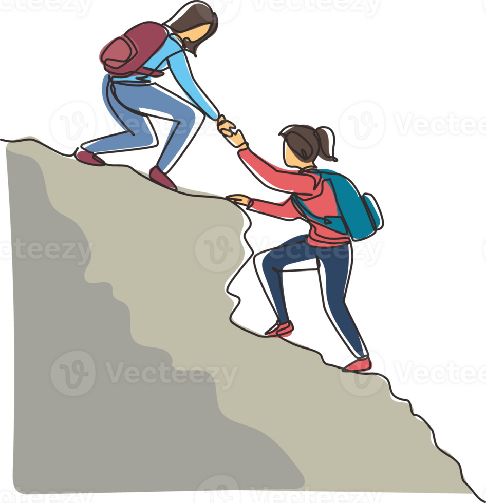 Continuous one line drawing two people woman success on peak of mountain. Team of climbers helping hand on mountain top. Teamwork hiking, trust assistance in mountains. Single line draw design png