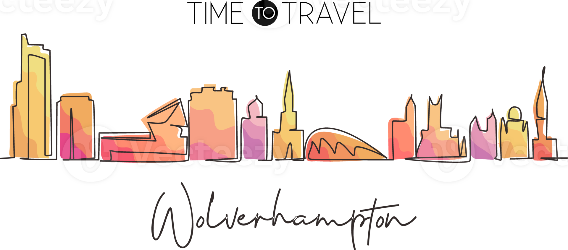 Single continuous line drawing Wolverhampton city skyline, England. World historical town landscape. Best holiday destination postcard print. Editable stroke trendy one line draw graphic design png