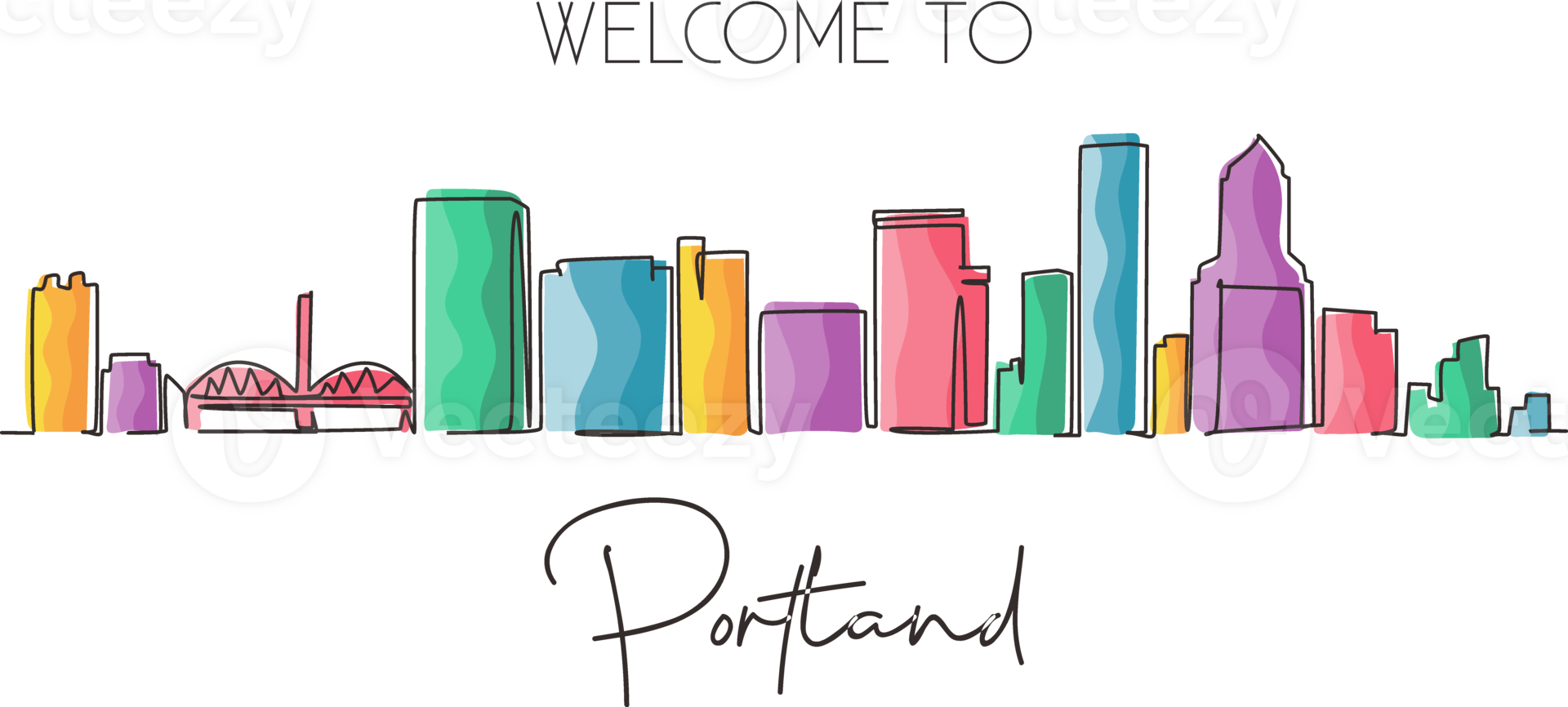 Single one line drawing Portland city skyline, Oregon. Beautiful landmark. Beautiful world landscape tourism travel wall decor poster, postcard. Continuous line draw design graphic illustration png