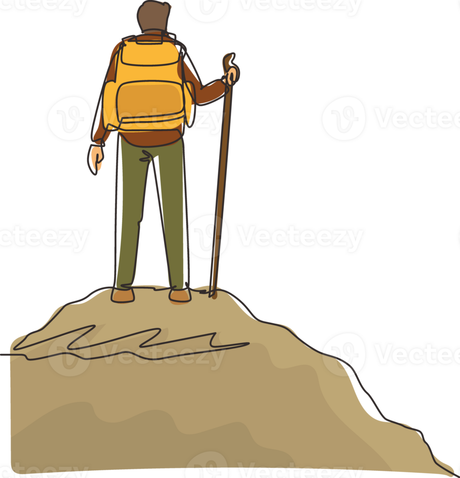 kontinuierlich einer Linie Zeichnung Wanderer mit Rucksack auf oben von Berg. Trekking Mann einfach skizzieren. glücklich Bergsteiger erreichten das Gipfel von das Berg. Single Linie zeichnen Design Grafik Illustration png