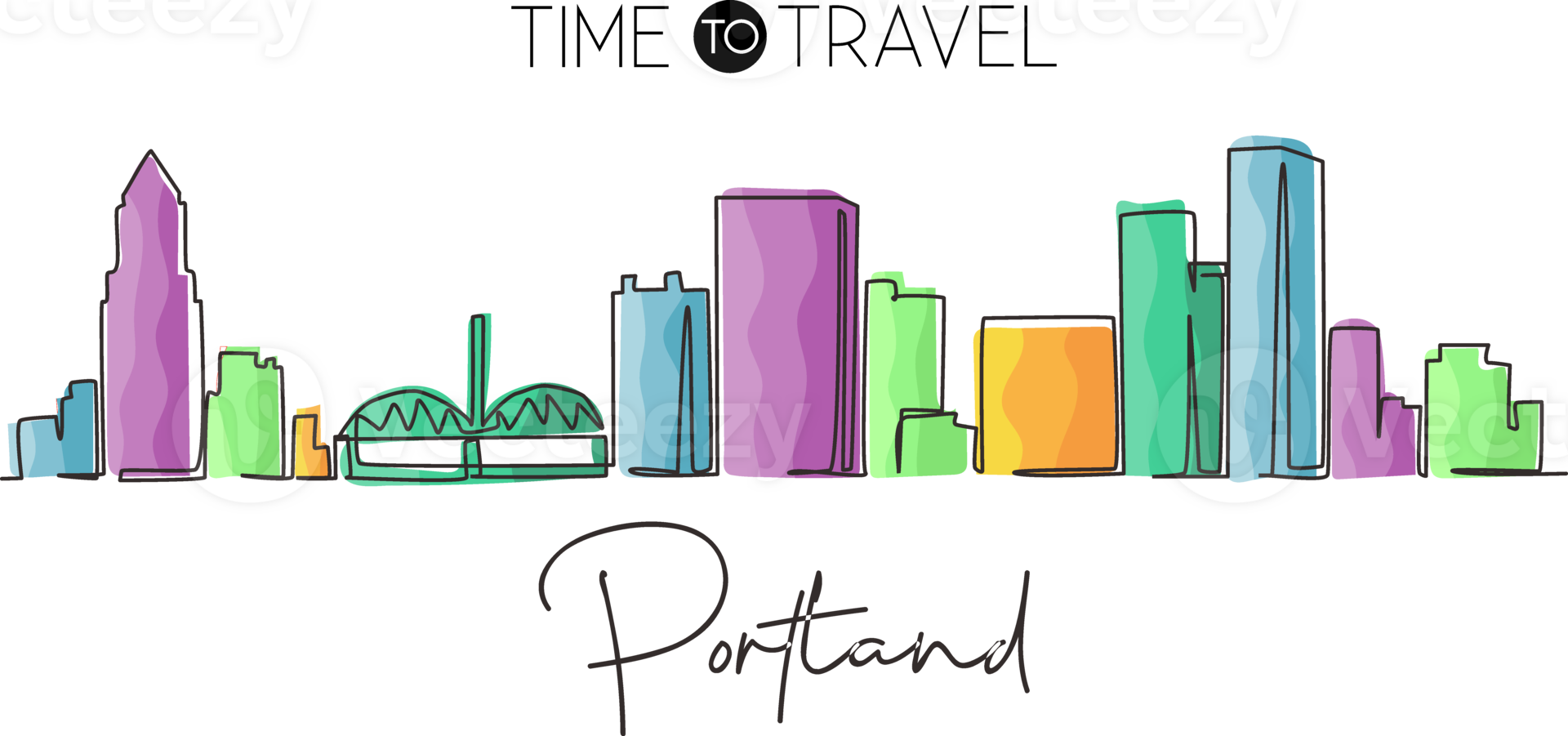 Continuous one line drawing Portland city skyline, Oregon. Famous city scraper landscape. World travel home wall decor art poster print concept. Single line draw design graphic illustration png
