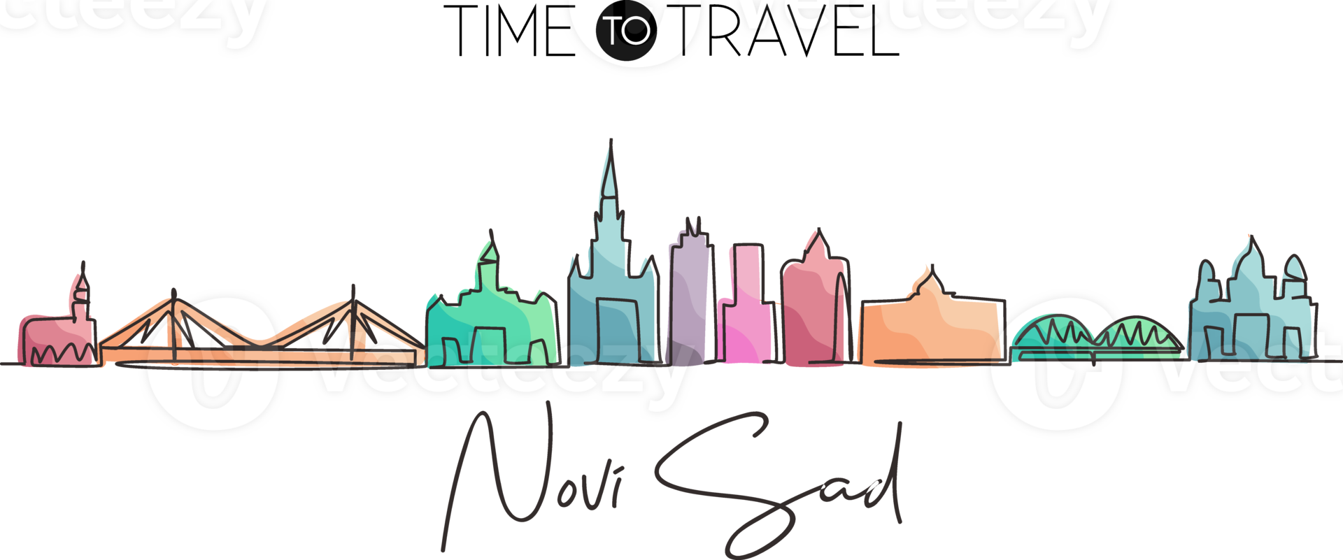 Single continuous line drawing Novi Sad city skyline, Serbia. Historical town landscape in world. Best holiday destination wall decor. Editable stroke trendy one line draw design illustration png