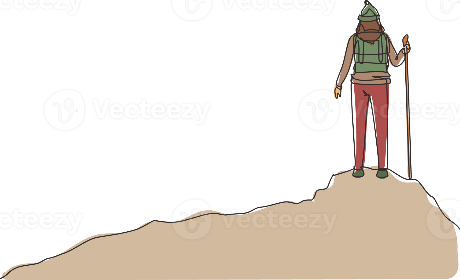 Single continuous line drawing woman with backpack standing on top of