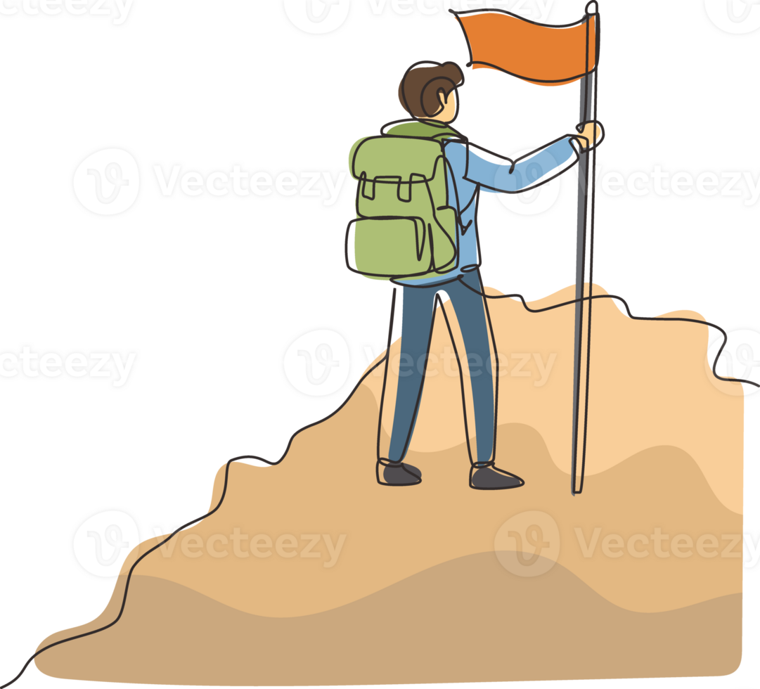 Single continuous line drawing cheerful man climber standing on the top of mountain with flag. Young smiling mountaineer climbing on a rock. Dynamic one line draw graphic design illustration png