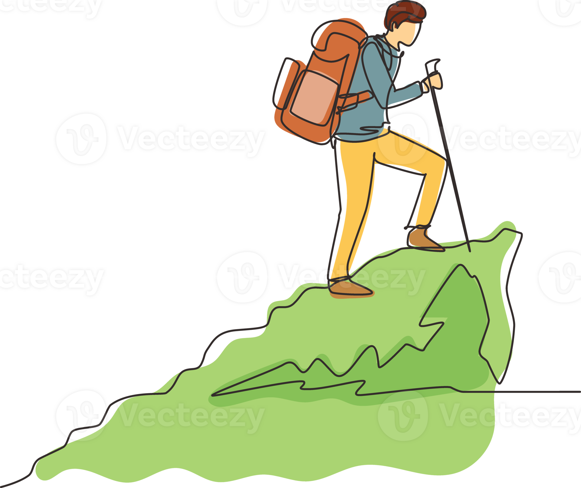 Single continuous line drawing young hiker with backpack on top of