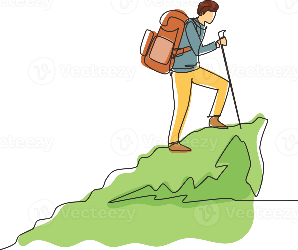 Single continuous line drawing young hiker with backpack on top of mountain. Trekking man simple sketch, Outdoor activity. Happy hikers, tourists or climbers. One line draw design illustration png