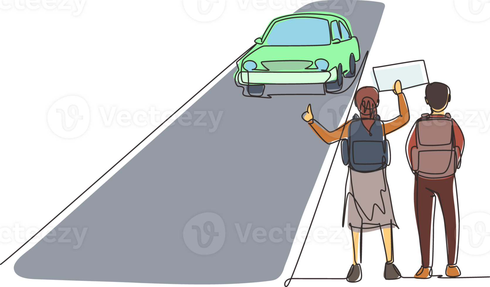 kontinuierlich einer Linie Zeichnung glücklich Paar von Touristen mit Rucksäcke und Camping Zeug Trampen auf Straße und Daumen Wagen. Wandern und Abenteuer Konzept. Single Linie zeichnen Design Illustration png