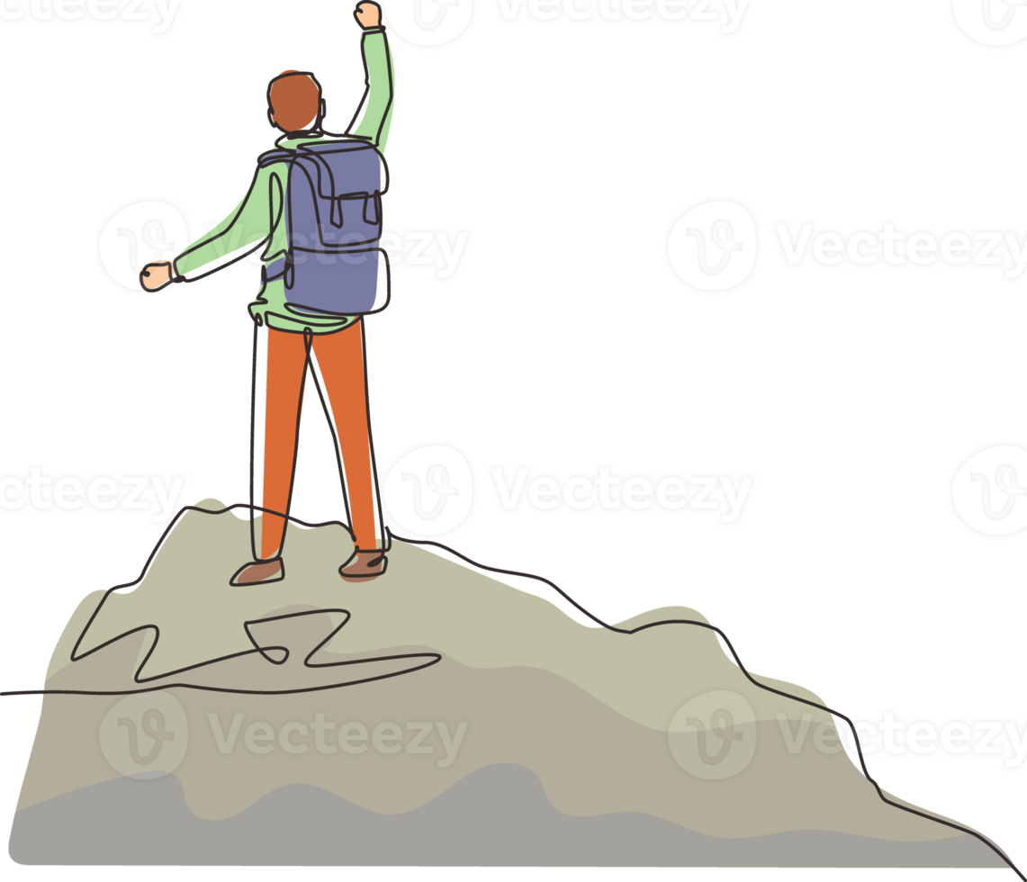 Single continuous line drawing cheerful man rising hands after climbing a peak of mountain. Concept of happy success achieving goals theme. Dynamic one line draw graphic design illustration png