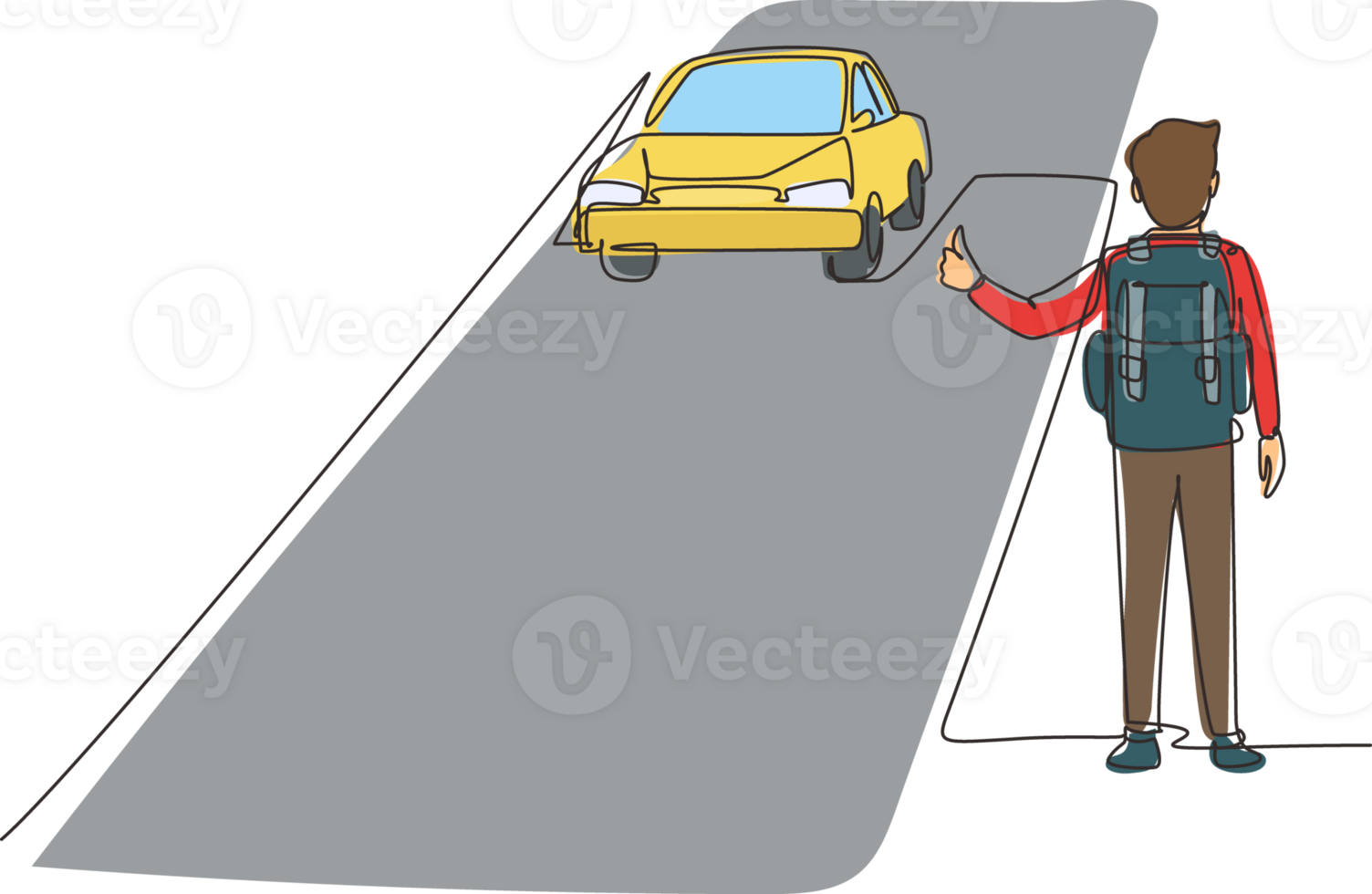 Single continuous line drawing hitchhiking road travel. Man with big backpack stopped ride by thumbing. Vacation and trip concept for banner, website. One line draw graphic design illustration png