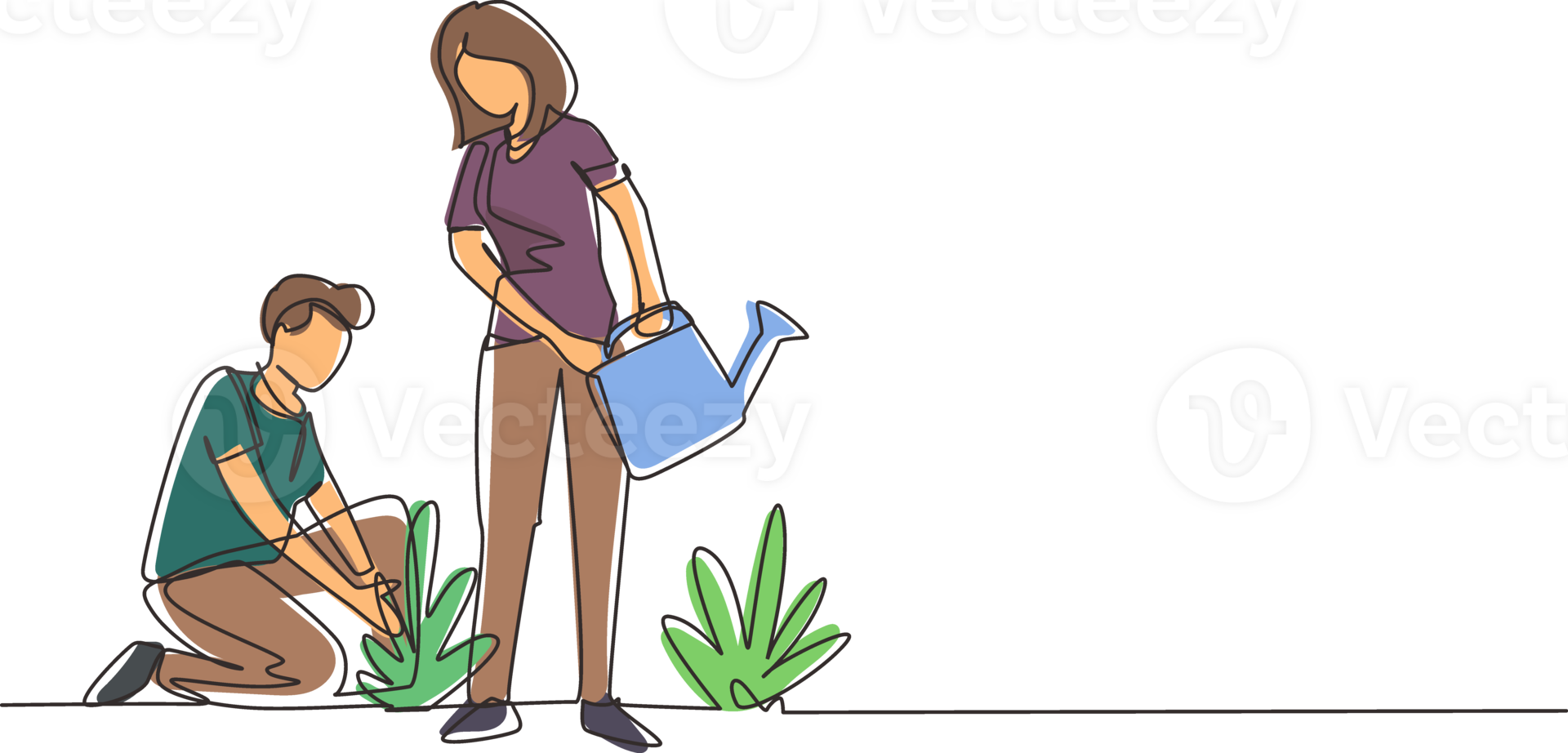 continu un ligne dessin homme femme jardinage les plantes. gens croissance usine, légumes verts sur sol, rassemblement récolte. mari a genou, épouse avec l'eau pouvez plantation fleurs. Célibataire ligne dessiner conception png