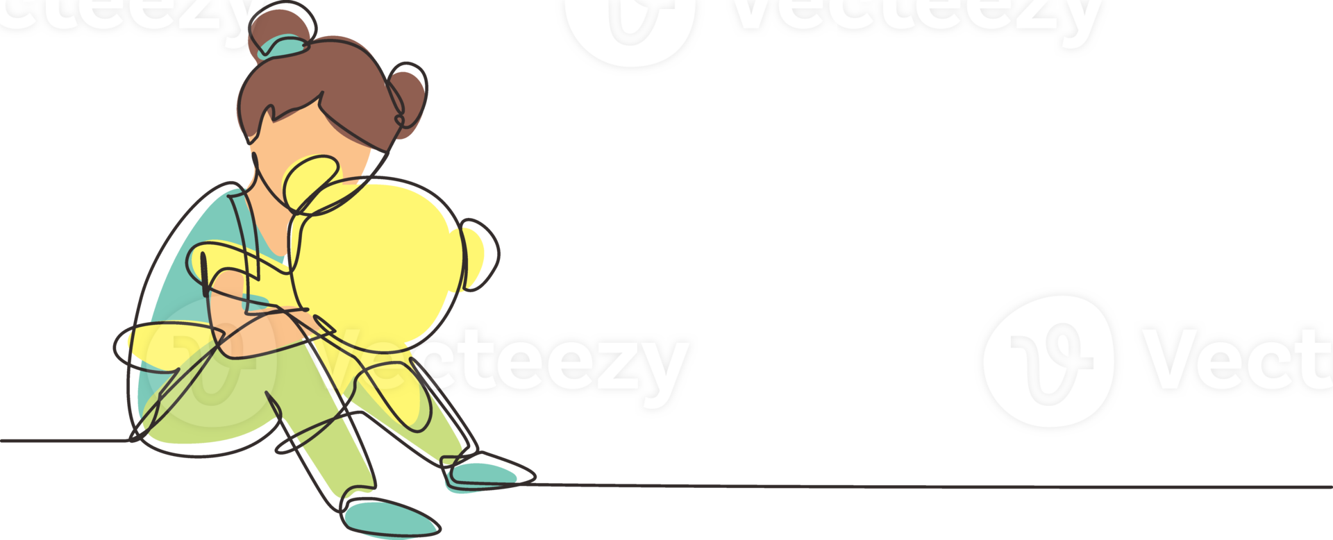 Single one line drawing smiling beautiful little girl hugging big teddy bear, sitting on floor at home, kids toys. Little girl playing with teddy bear. Continuous line draw design illustration png
