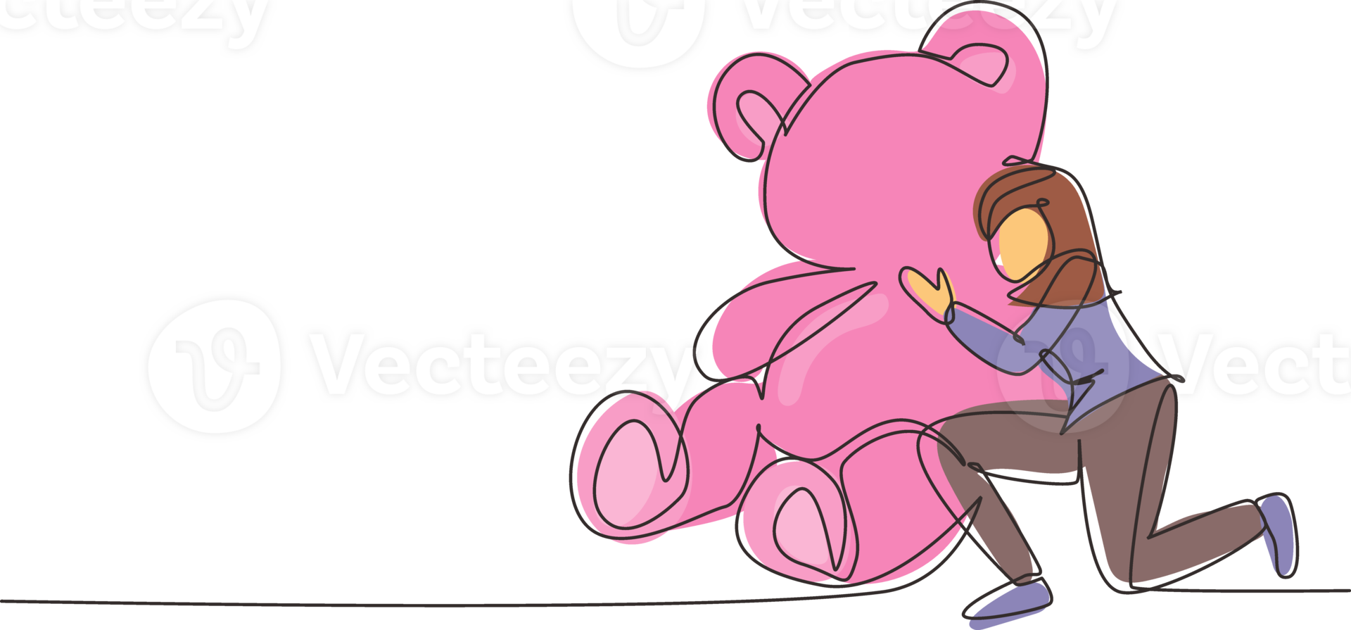 Single continuous line drawing young beautiful girl hugging big huge teddy bear soft toy happy smiling. Young female hugging teddy bear stuffed animal. One line draw graphic design illustration png