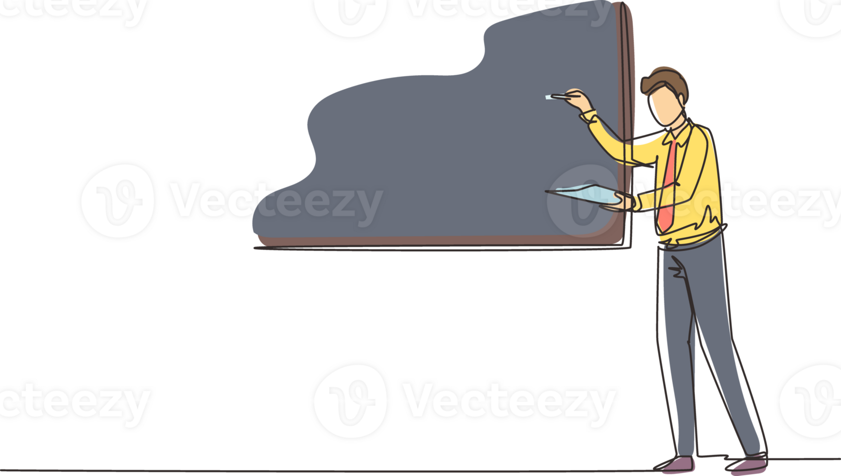 Single continuous line drawing business man teacher standing in front of the white board, holding book and writing business plan strategy and tactics theory. One line draw design illustration png