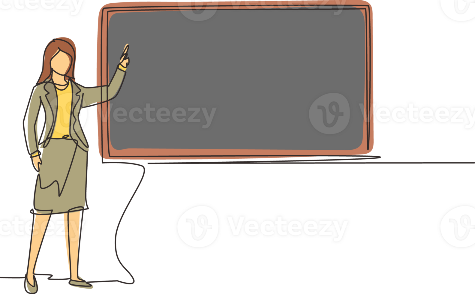 Continuous one line drawing woman teacher professor standing in front of blackboard teaching student in classroom. College class or university teacher teach in classroom. Single line design png