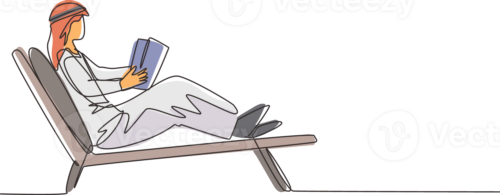 Single one line drawing reclined Arabian man reading book in lounge chair. Chill out time with good story concept. Smart male reader enjoying literature or studying. Continuous line draw design png