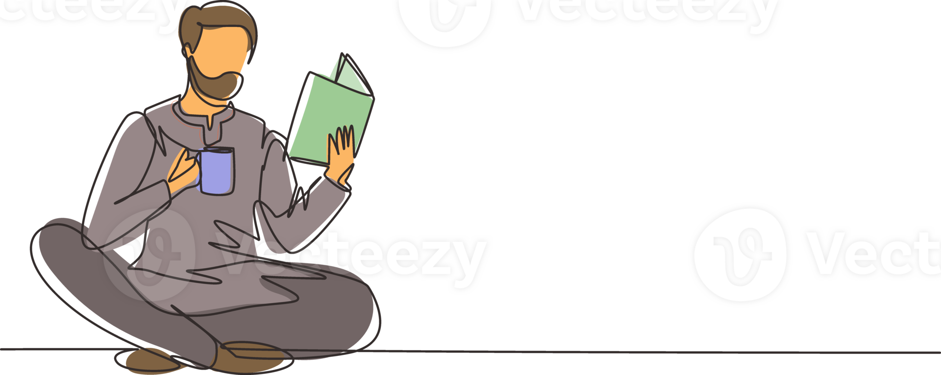 Single one line drawing smart Arab student preparing for exam. Man studying, reading textbooks, drink cup of coffee. Reader sitting on floor, learning. Continuous line draw design illustration png