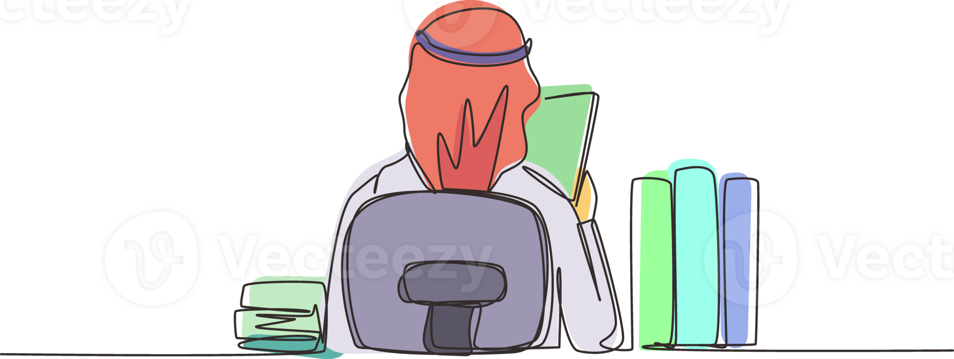 Single continuous line drawing back view of young Arabic man sitting at desk and reading book, student studying hard, preparing before exam with pile of books. One line draw design illustration png