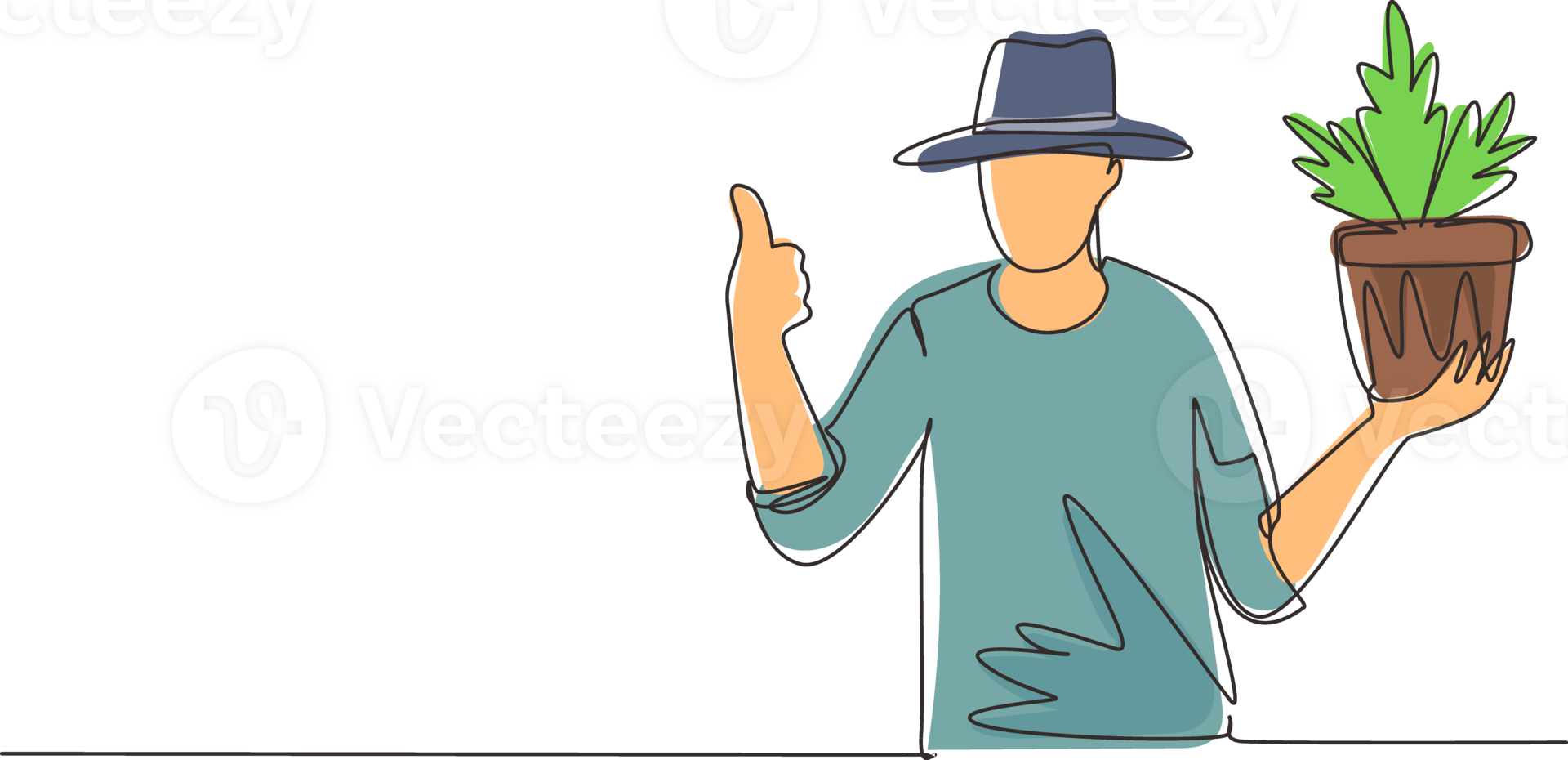Single one line drawing gardener grows flowerpot. Season for planting. Work in garden. Man in work gloves with thumbs gesture. Farmers doing job, agricultural hobby. Continuous line draw design png