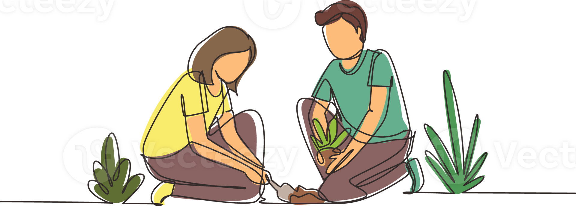 Single one line drawing young man woman are planting tree. Gardening, garden tools, spring, stalk. Couple plants seedling. Girl helps man plant young tree. Continuous line draw design graphic png