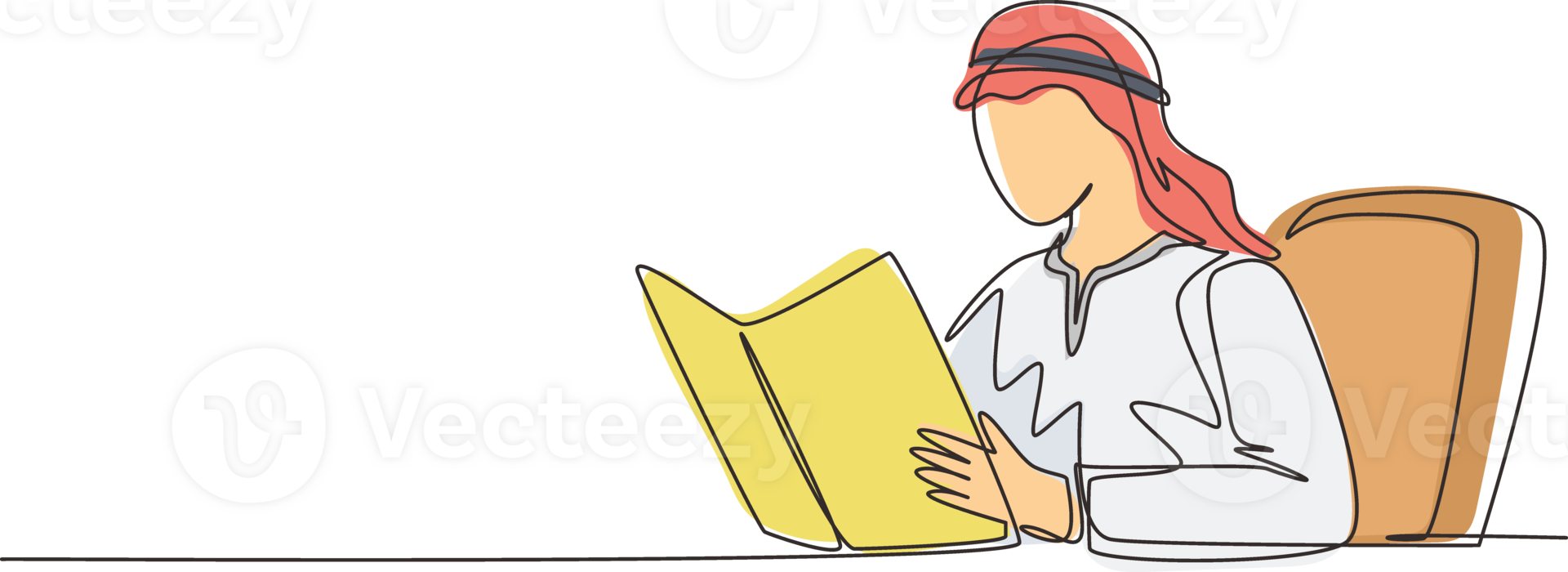 Single continuous line drawing Arab student sitting at table, holding book in hands. Student reading book in library. Student reading book, preparing for exam. One line draw design illustration png