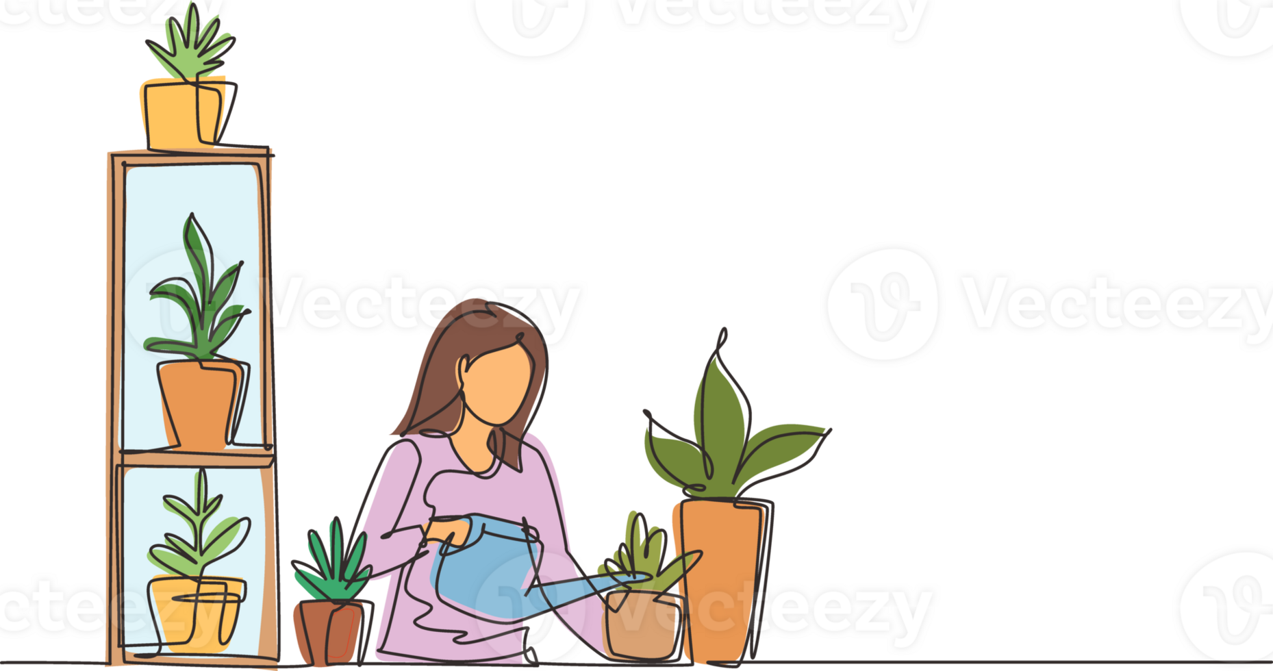Continuous one line drawing woman is watering plants, caring for greens. Hobby, low-waste lifestyle, eco-friendly thinking. Home garden. Garden on balcony. Single line draw design illustration png