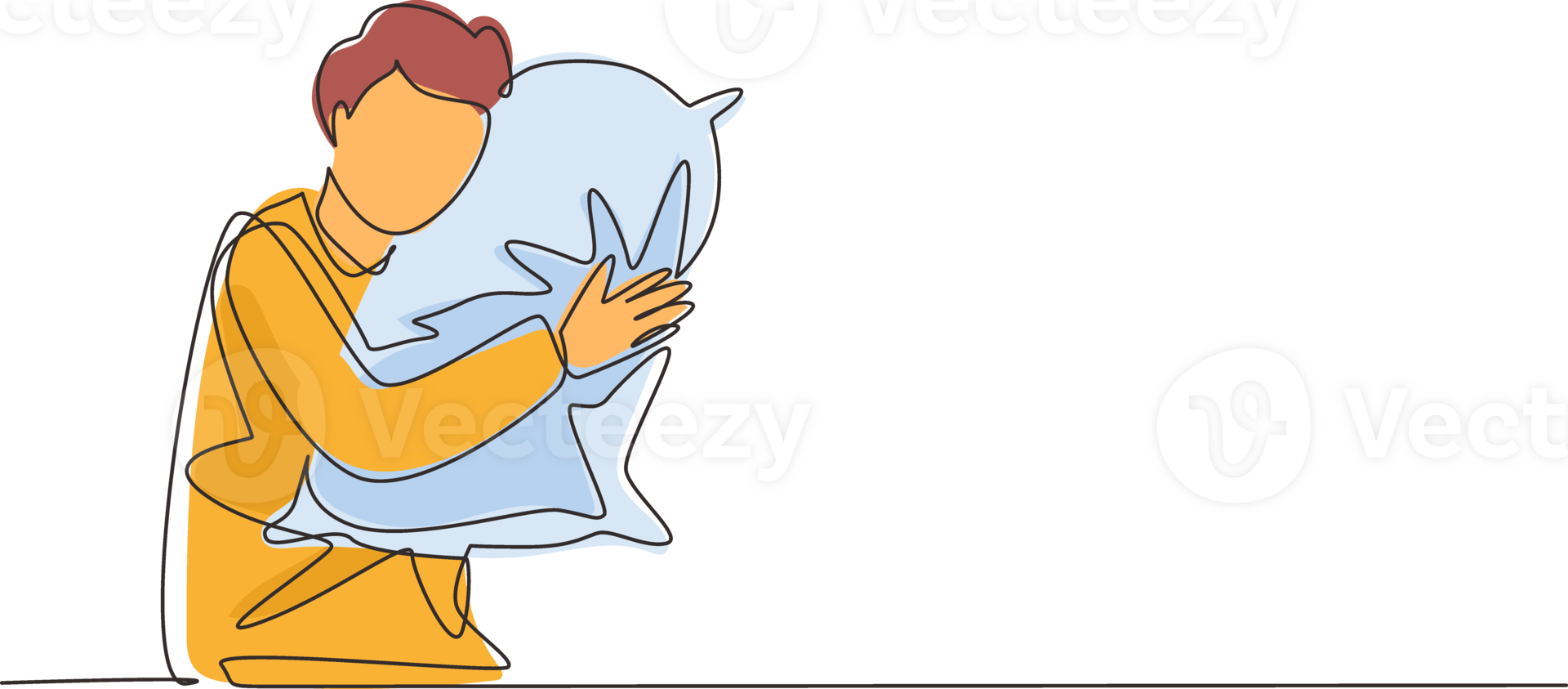 Continuous one line drawing man sleeping and hugging pillow. Sideways