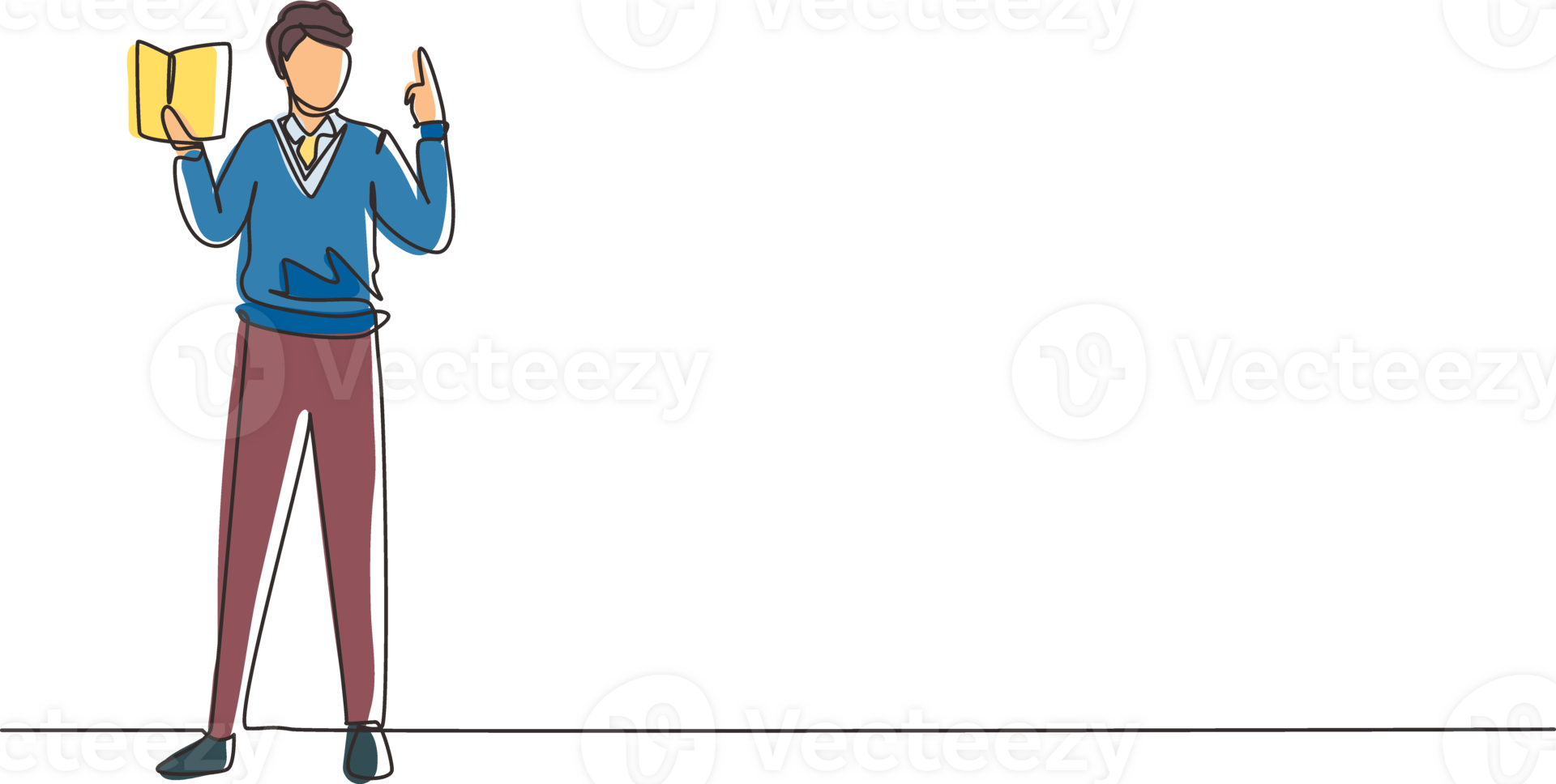 Continuous one line drawing young man professor standing in front of class with book on his hands, male teacher students in classroom at school. Single line draw design graphic illustration png