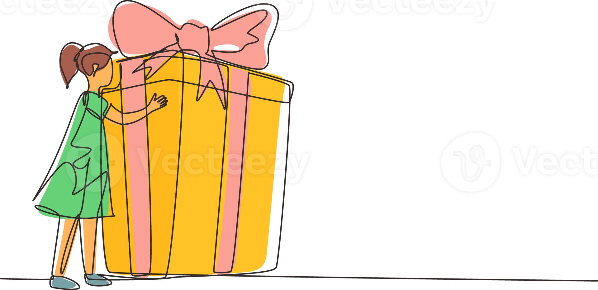 Single continuous line drawing happy little girl hugging huge birthday gift. Satisfied kid standing near wrapped birthday gift box with bow. Present, birthday. One line draw design illustration png