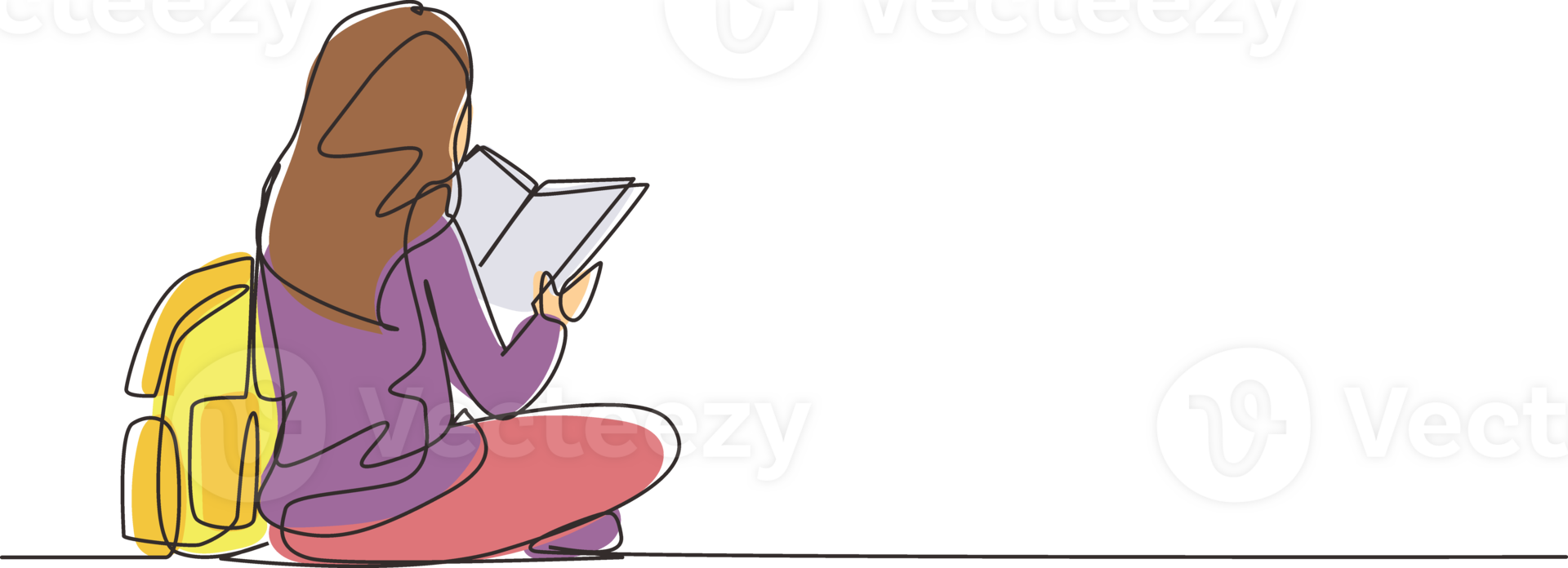 Single continuous line drawing education. Back view woman sitting on floor reading book. College student prepare to exam, back to school gaining knowledge. One line draw design illustration png