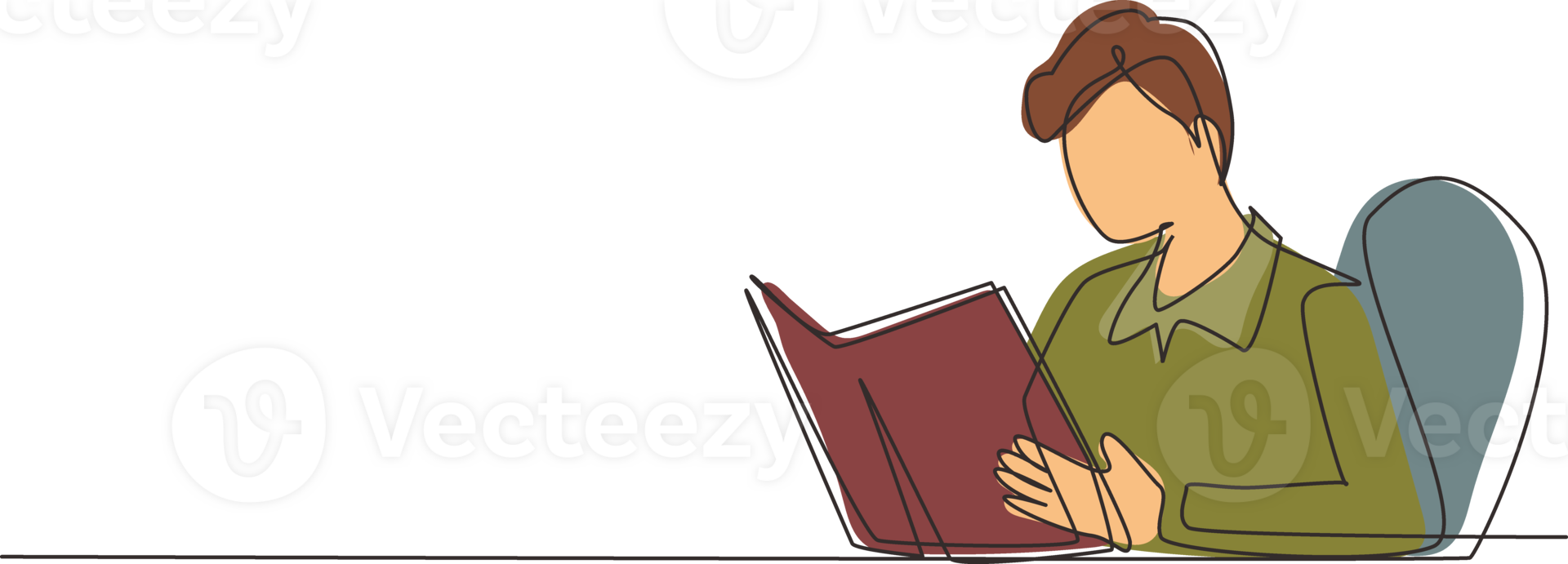 Single continuous line drawing student sitting at table, holding book in hands. Student reading book in library. Student reading book and preparing for exam. One line draw design illustration png