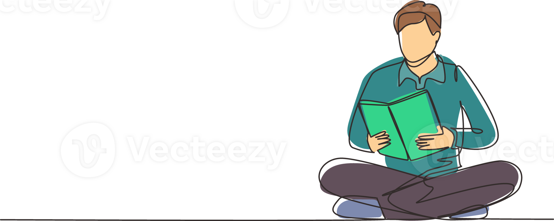 Continuous one line drawing man is sitting on floor reading book. Concept student is preparing for the exam, applicant is preparing for admission, book lover is reading. Single line draw design png